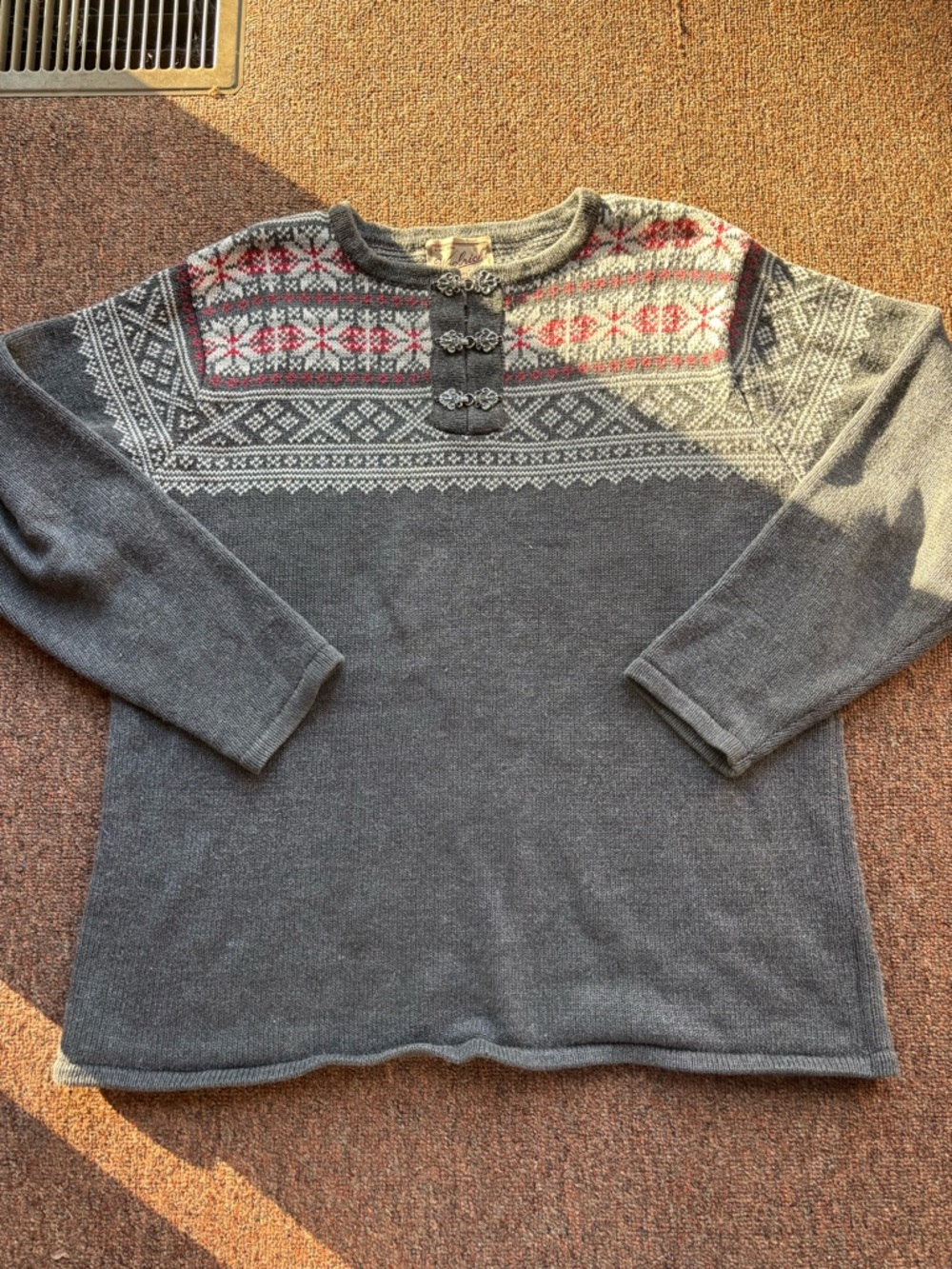 Woolrich Gray Nordic Crewneck Sweater with Red and Cream Yoke